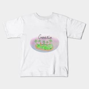 Croatia watercolor Island travel, beach, sea and palm trees. Holidays and vacation, summer and relaxation Kids T-Shirt